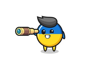 cute ukraine flag badge character is holding an old telescope