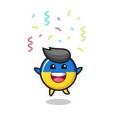 happy ukraine flag badge mascot jumping for congratulation with colour confetti