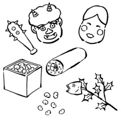 墨絵風の節分の鬼や豆まき、恵方巻のベクターイラストのセット