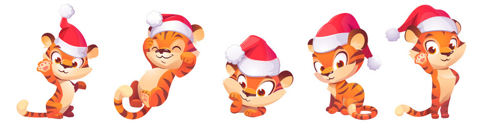 Cute baby tiger character in Christmas hat