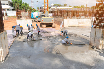 Group of Construction worker with excavator heavy machine and cement truck for concrete pouring...
