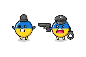 illustration of ukraine flag badge robber with hands up pose caught by police