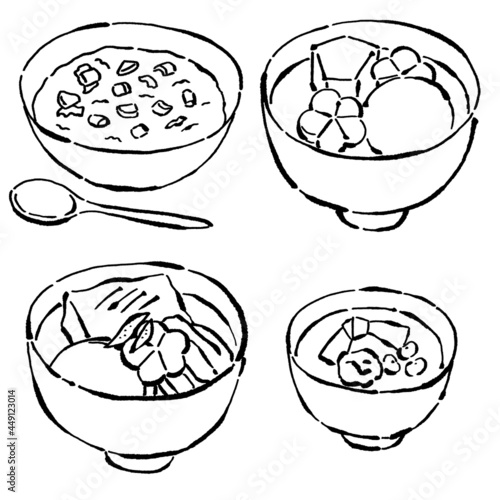 墨絵風のお正月の料理 お雑煮と七草粥 福茶のベクターイラスト Asia Poster As Tunaco