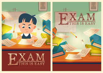 Boy solve test pass exam in school cartoon posters © klyaksun