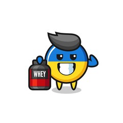 the muscular ukraine flag badge character is holding a protein supplement