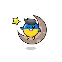 illustration of ukraine flag badge cartoon sitting on the half moon