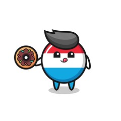 illustration of an luxembourg flag badge character eating a doughnut
