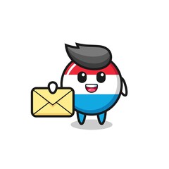 cartoon illustration of luxembourg flag badge holding a yellow letter