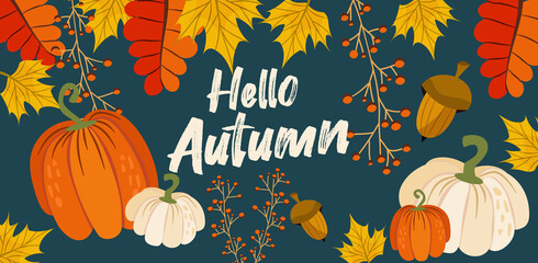 Hello autumn banner or greeting card for the autumn holiday. Pumpkins, inscriptions, leaves and maple, acorn and mountain ash on a dark background in a flat style. Vector seasonal illustration © Анжелика Полтавец