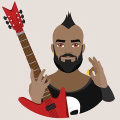 An avatar of a man with an eroquois on his head and a black beard with an electric guitar in one hand and a pick in the other. Guitar player. Rock music. Flat vector illustration.