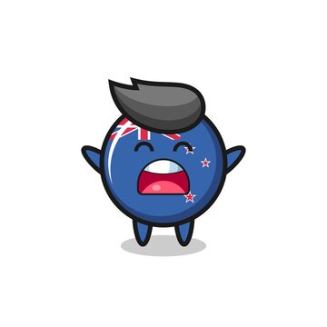cute new zealand flag badge mascot with a yawn expression