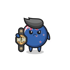 new zealand flag badge mascot character as a MMA fighter with the champion belt