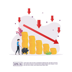 bankrupt concept with declining money graph and person carrying piggy bank.