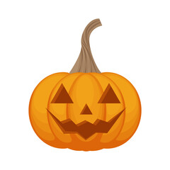 A bright festive illustration with the image of a pumpkin with a smile. Pumpkin is a symbol of the Halloween holiday. Jack-o-lantern is a symbol of All Saints Day. Autumn festival. Vector
