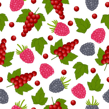 A bright summer seamless pattern with the image of ripe raspberries, strawberries, currants, as well as raspberry and red currant leaves. Berry pattern for the print. Vector illustration