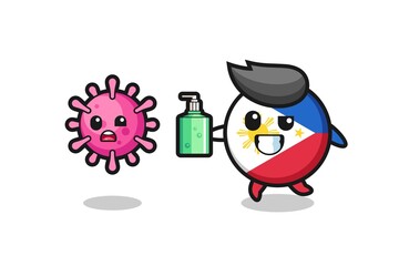illustration of philippines flag badge character chasing evil virus with hand sanitizer