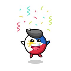 happy philippines flag badge mascot jumping for congratulation with colour confetti