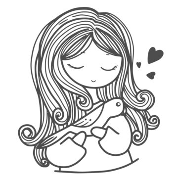 Cute girl holding her pet on hands doodle vector  line from hand drawn