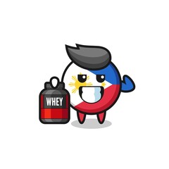 the muscular philippines flag badge character is holding a protein supplement