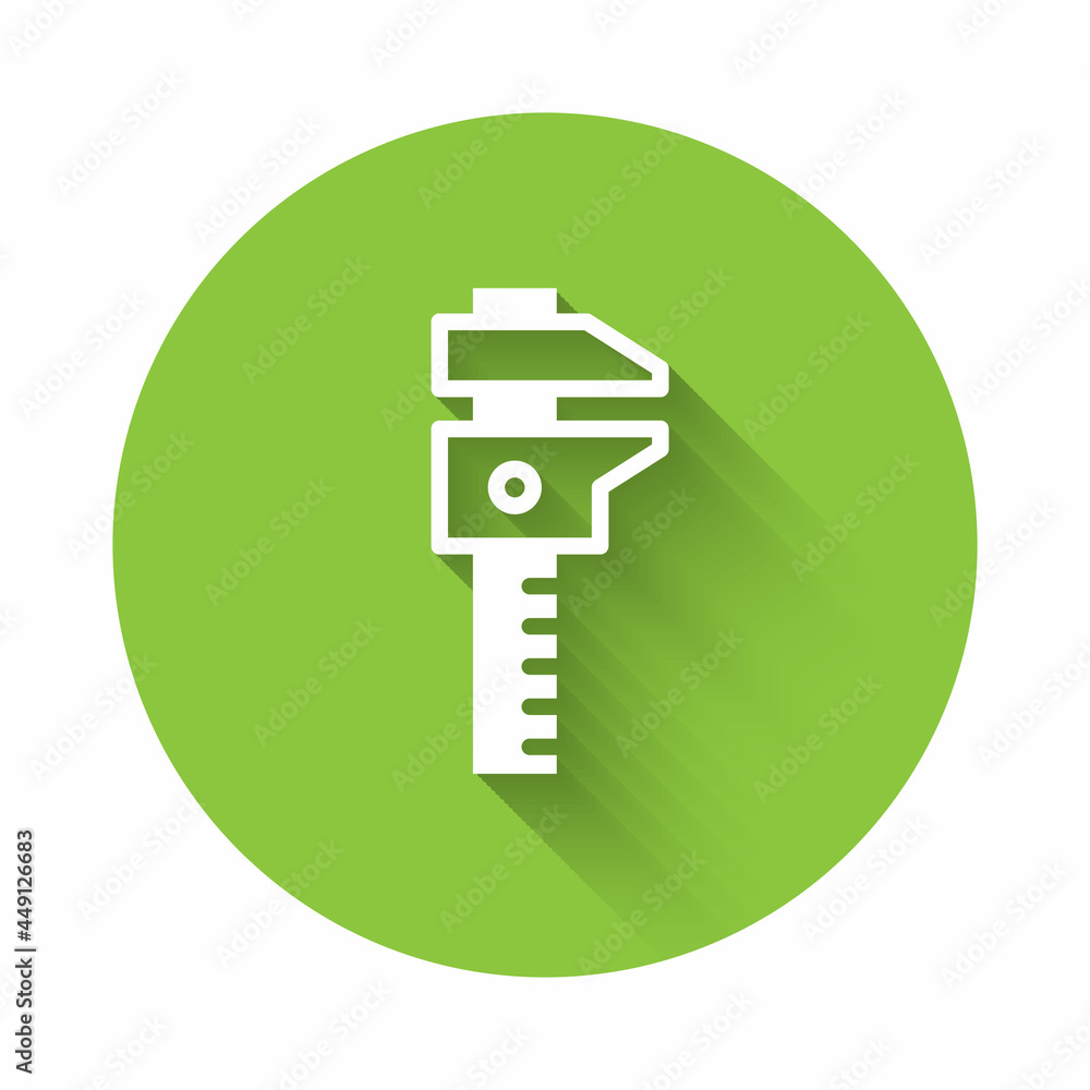Poster white calliper or caliper and scale icon isolated with long shadow. precision measuring tools. green