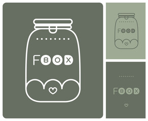 logo pour épicerie de vente en vrac de produits biologiques, naturels, proximité, avec des boîtes réutilisables pour les céréales, féculents, fruits, légumes, boissons