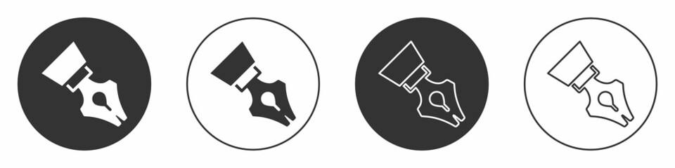 Black Fountain pen nib icon isolated on white background. Pen tool sign. Circle button. Vector