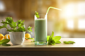 Milk with mint on wooden bench in rustick kitchen front