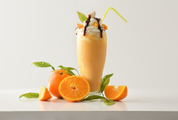 Orange milkshake with cream decorated with fruit on table isolated
