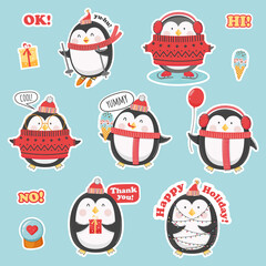 Winter penguin stickers Christmas set. Cute cartoon antarctic animal vector illustration