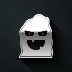 Silver Funny and scary ghost mask for Halloween icon isolated on black background. Happy Halloween party. Long shadow style. Vector