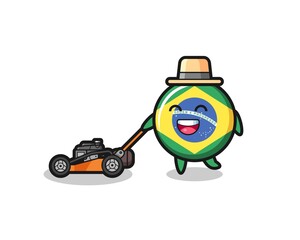 Fototapeta premium illustration of the brazil flag badge character using lawn mower