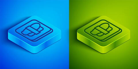 Isometric line Sushi on cutting board icon isolated on blue and green background. Asian food sushi on wooden board. Square button. Vector