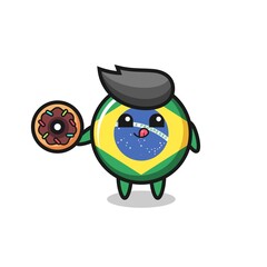 illustration of an brazil flag badge character eating a doughnut