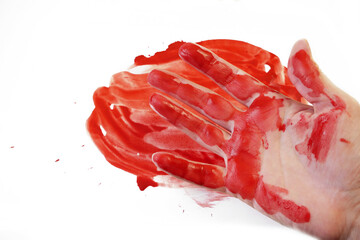 hand and red blood isolated on white background. Blood Drops and splashes. Can be used on halloween...