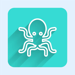 White line Octopus icon isolated with long shadow. Green square button. Vector