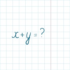 Free hand drawing of school copybook sheet and sign x plus y and question mark Back to school. Simple flat illustration