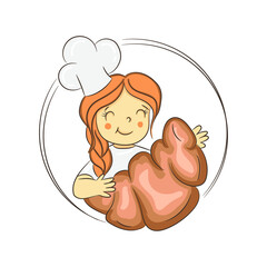 A cook girl holds a croissant in her hands