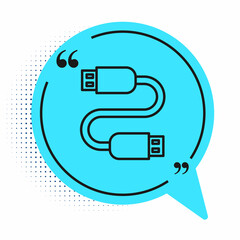 Black line USB cable cord icon isolated on white background. Connectors and sockets for PC and mobile devices. Blue speech bubble symbol. Vector