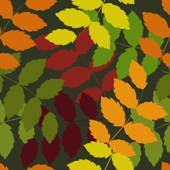 Naklejka na ściany i meble Colored leaves on a dark green background. Seamless pattern.