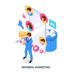 Referral marketing concept. A person attracts and invites  referrals to make more money. Isometric vector illustration on white background.