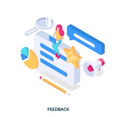 Fototapeta na wymiar Feedback concept. The girl writes a review or leaves a comment on the Internet. Isometric vector illustration on white background.