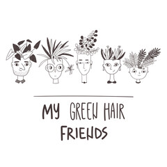 Concept plant lover illustration. People with plants on the head.