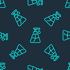 Green line Cream or lotion cosmetic tube icon isolated seamless pattern on blue background. Body care products for men. Vector