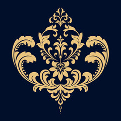Damask graphic ornament. Floral design element. Gold and dark blue vector pattern