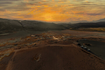 Hverir geothermal mud springs in Iceland close to lake Myvatn. Aerial view of sulphur fumes and bubbling lakes of mud.