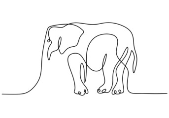 Elephant in continuous single line drawing. A wild animal in the jungle hand drawn one line art minimalism design. Rainforest mammals herd concept isolated on white background. Vector illustration