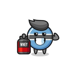 the muscular botswana flag badge character is holding a protein supplement