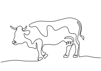 Grazing cow in continuous line art drawing style. Farm animal concept. Cow on pasture minimalist black linear sketch isolated on white background. Vector cattle sketch illustration