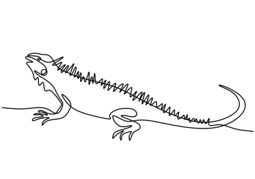 One Continuous Line Drawing Of Iguana Lizard. Exotic Reptile Animal For Company Logo Identity Or Pet Lover Society. Vector Hand Drawn Illustration Minimalism Design On White Background