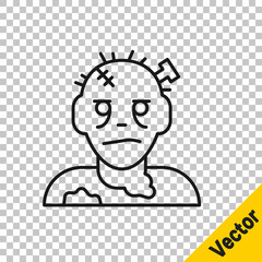 Black line Zombie mask icon isolated on transparent background. Happy Halloween party. Vector